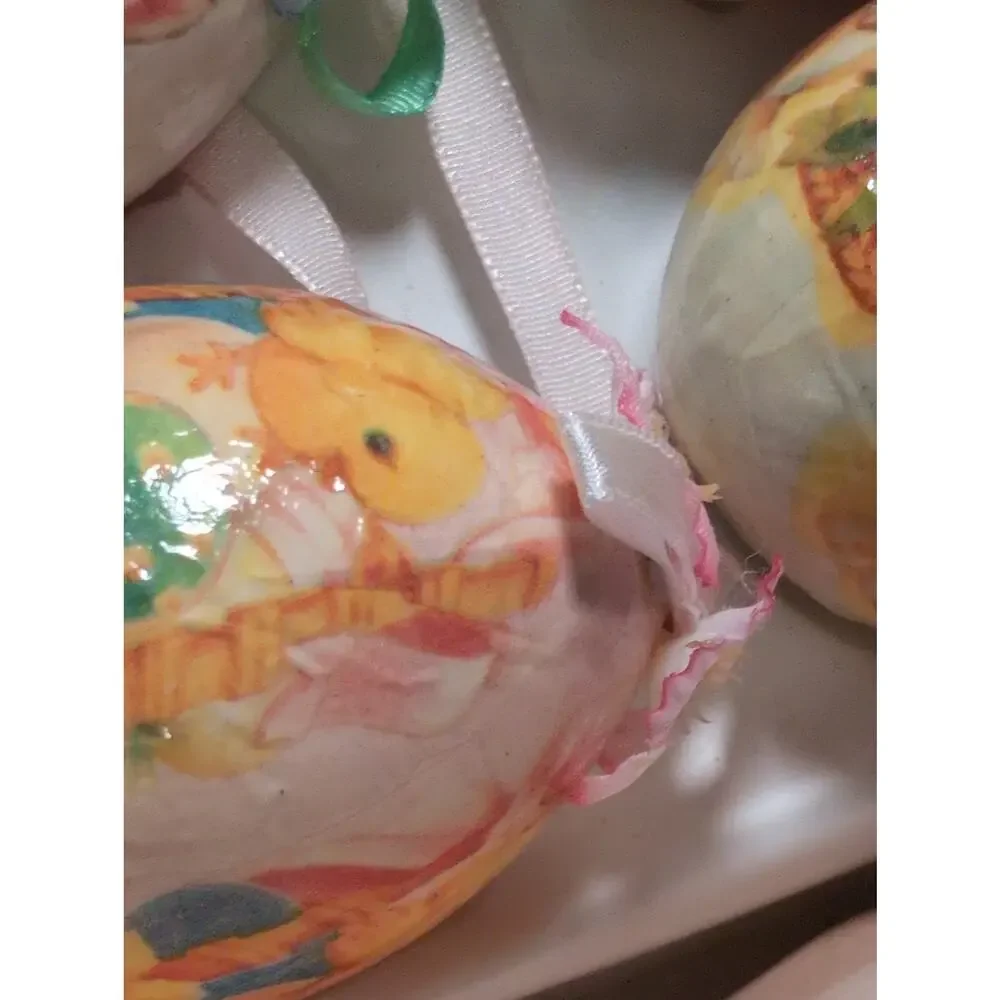 6 Vintage Easter Egg Paper Mache Decoupage Ornaments Bunny Chick Kitschy 3”